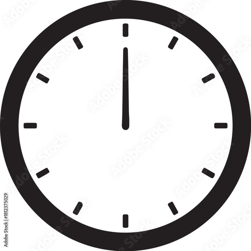 Black silhouette of a clock face with hour markers and hands pointing to twelve on a white background also transparent background