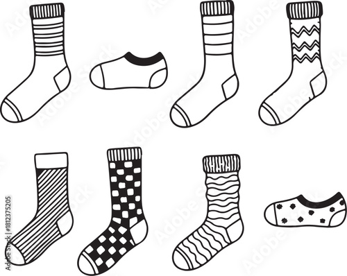 Collection of hand-drawn socks and ankle socks with various patterns and stripes on a white background Keywords: socks, ankle socks, footwear, clothing, fashion, also transparent background