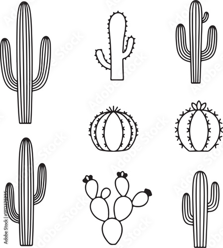 Collection of Stylized Outline Cactus Illustrations in Various Shapes and Sizes Keywords: cactus, cacti, desert, plant, succulent, illustration, outline, drawing, also transparent background