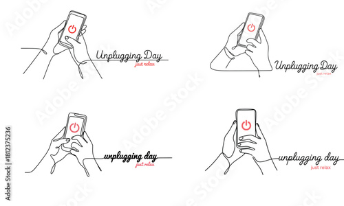 Minimal line art illustration of unplugging day with hand holding smartphone and power symbol
