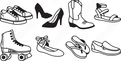 Diverse Collection of Footwear Styles In Black and White Line Art Keywords: footwear, shoes, boots, sandals, sneakers, roller skates, ballet flats, flip flops, also transparent background