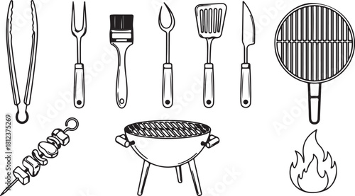 Hand- Drawn Outline of Barbecue Grill Utensils and Equipment cooking grilling also transparent background