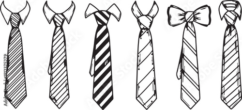 Hand- Drawn Collection of Six Different Neckties and Bow Ties fashion mens fashion also transparent background