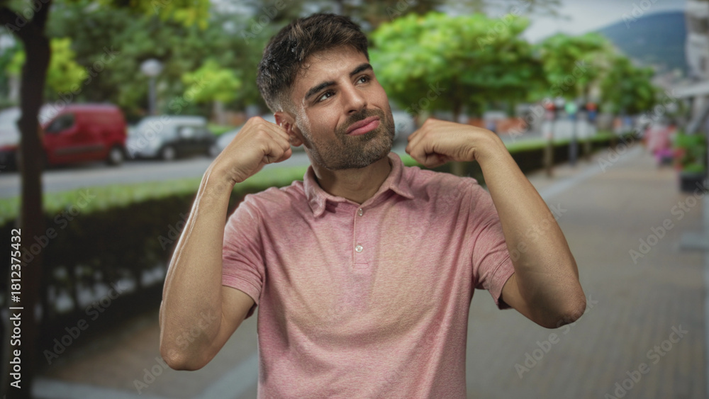 Fototapeta premium Man makes crying gesture with fists near eyes on a city street lined with trees and benches; sadness.
