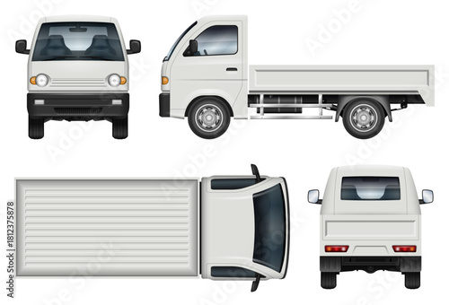 Small pickup truck vector mockup for vehicle branding, corporate identity. View from the side, front, rear and top. All elements in the groups are in separate layers for easy editing and recolor