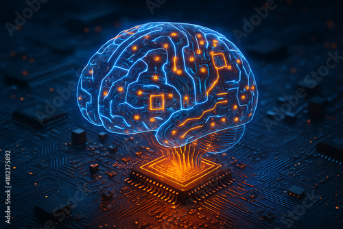 Digital brain hologram integrated with microchip symbolizing artificial intelligence technology