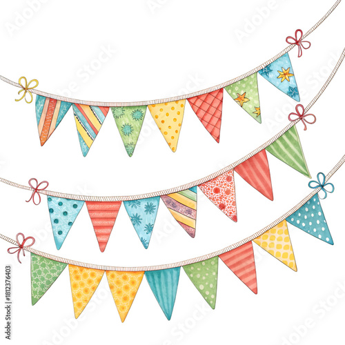 Colorful pennant chain isolated on white background. Carnival garland with flags. Festive background.