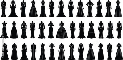 Formal dress silhouettes, fashion design elements, evening gown styles, black dress collection, elegant outfit shapes, garment inspiration, couture reference, stylistic variety