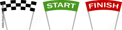 Start finish flags and checkered racing flag on white background
