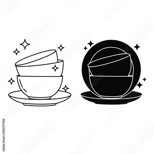 Stack of Bowls Line Art Illustration plate dishes kitchen tableware dinnerware clean washing vector graphic black white icon symbol