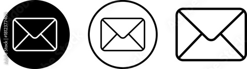 Three stylized envelope icons in black and white