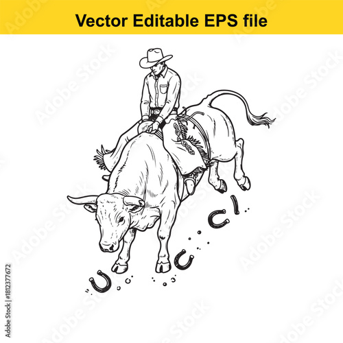 Black and white line art vector illustration of a cowboy riding a bucking bull, isolated on