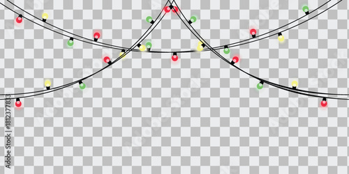 Colorful christmas lights decoration isolated on transparent background for festive design