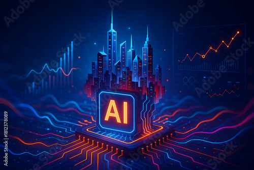 Digital modern skyline emerging from futuristic AI processor hologram representing smart cities advanced analytics and innovative artificial intelligence systems