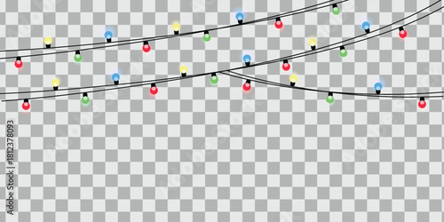 Festive string lights decoration with colorful bulbs isolated on transparent background