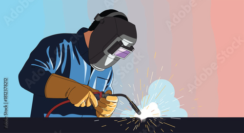A welder wearing a mask and gloves works with a welding torch creating sparks and light.