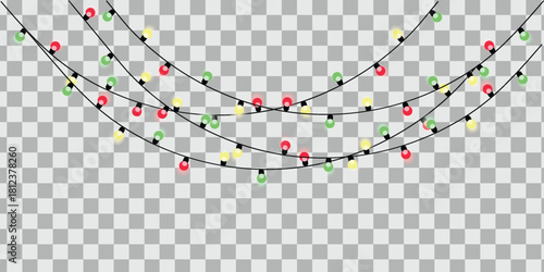 Hanging christmas lights string decoration with pink and green bulbs isolated on transparent background