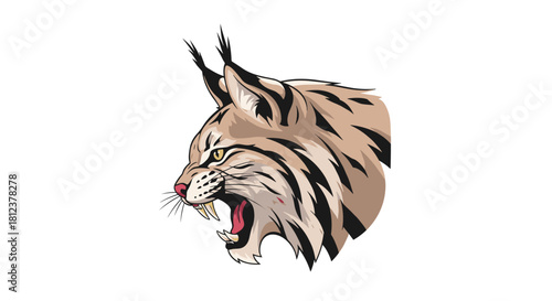 Ferocious lynx head with an open mouth and sharp teeth, roaring aggressively.