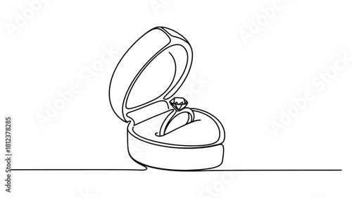 minimalist continuous line drawing of open ring box with diamond engagement ring, love and proposal concept vector illustration
