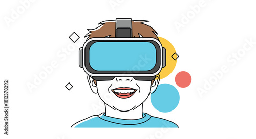 Joyful child wearing a virtual reality headset and smiling, with colorful abstract shapes in the background.