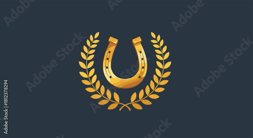 Golden horseshoe surrounded by laurel wreath on a dark blue background, symbolizing luck and achievement.