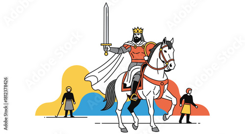 Illustration of a king on horseback holding a sword, with two figures in the background.