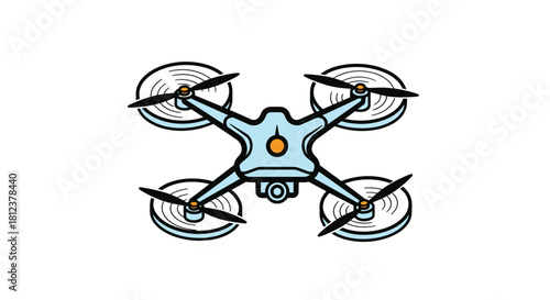 A colorful illustration of a drone with four propellers and a camera attached.
