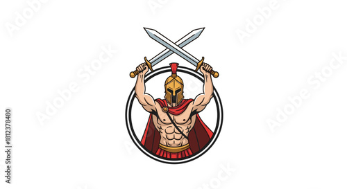 Cartoon illustration of a muscular warrior in a helmet, holding two swords above his head.