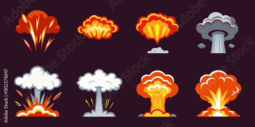 Collection of cartoon explosions and mushroom clouds