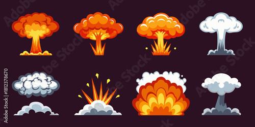 Collection of cartoon style explosions and mushroom clouds