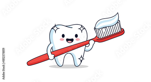 Cute cartoon tooth with a red toothbrush and toothpaste, symbolizing dental hygiene.