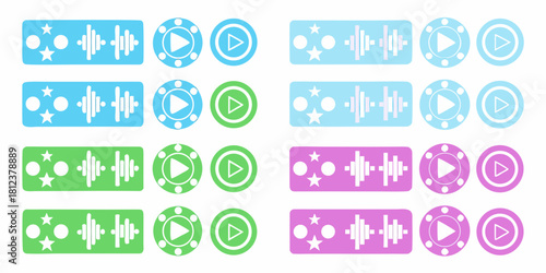 Collection of audio waveform and play button icons in various colors