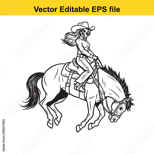 Line art vector illustration of a cowgirl riding a bucking bronco horse in a rodeo competition, isolated on