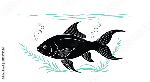 Illustration of a black fish swimming underwater with aquatic plants and bubbles.