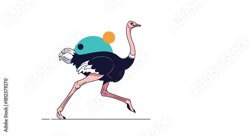 Stylized illustration of a running ostrich with abstract geometric shapes in the background.