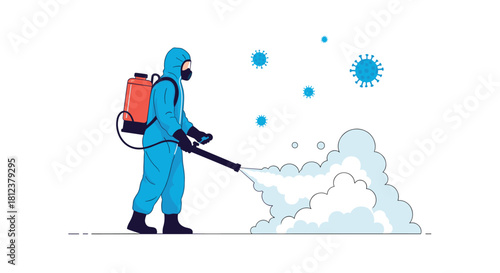 Person in a hazmat suit spraying disinfectant to kill viruses like coronavirus.