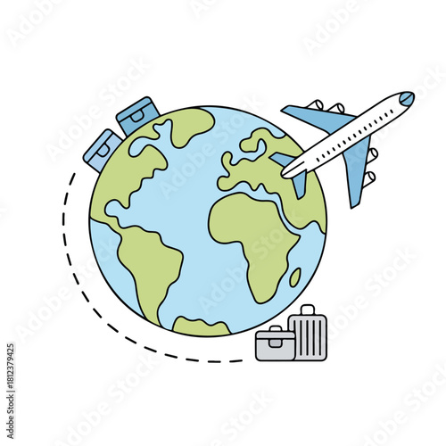 Travel around the world vector illustration with a blue globe icon showing global continents