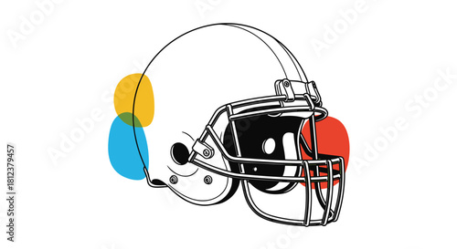 Stylized illustration of a football helmet with colorful abstract shapes on a white background.