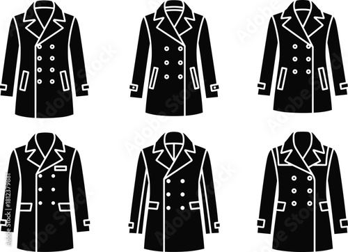 Men's Pea Coat Icon Set, Double Breasted Winter Jacket Vector Silhouette, Black and White Outerwear Fashion Illustration Collection
