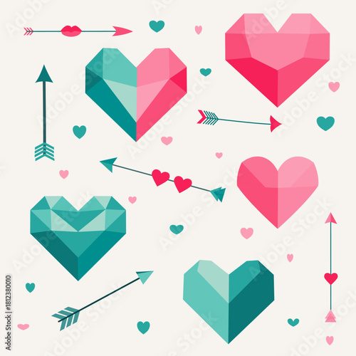 Geometric heart shapes and arrows in bright Valentine style