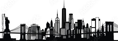 New York City Skyline Vector Silhouette, Statue of Liberty, Brooklyn Bridge, and Skyscrapers, Black and White Urban Cityscape Illustration