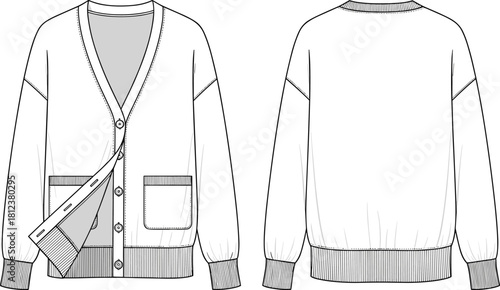 Oversized V-Neck Cardigan Technical Flat Sketch, Fashion CAD Template with Dropped Shoulders and Ribbed Cuffs, Front and Back View Vector Illustration
