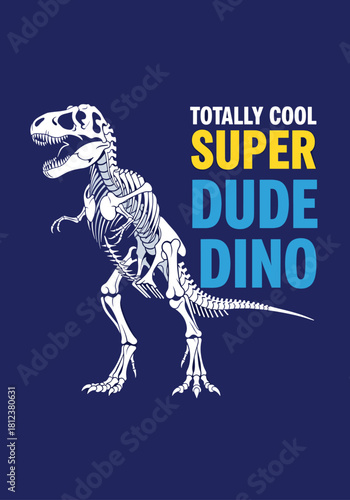 A totally cool super dude dino skeleton illustration on a blue background, perfect for kids designs and dinosaurthemed projects