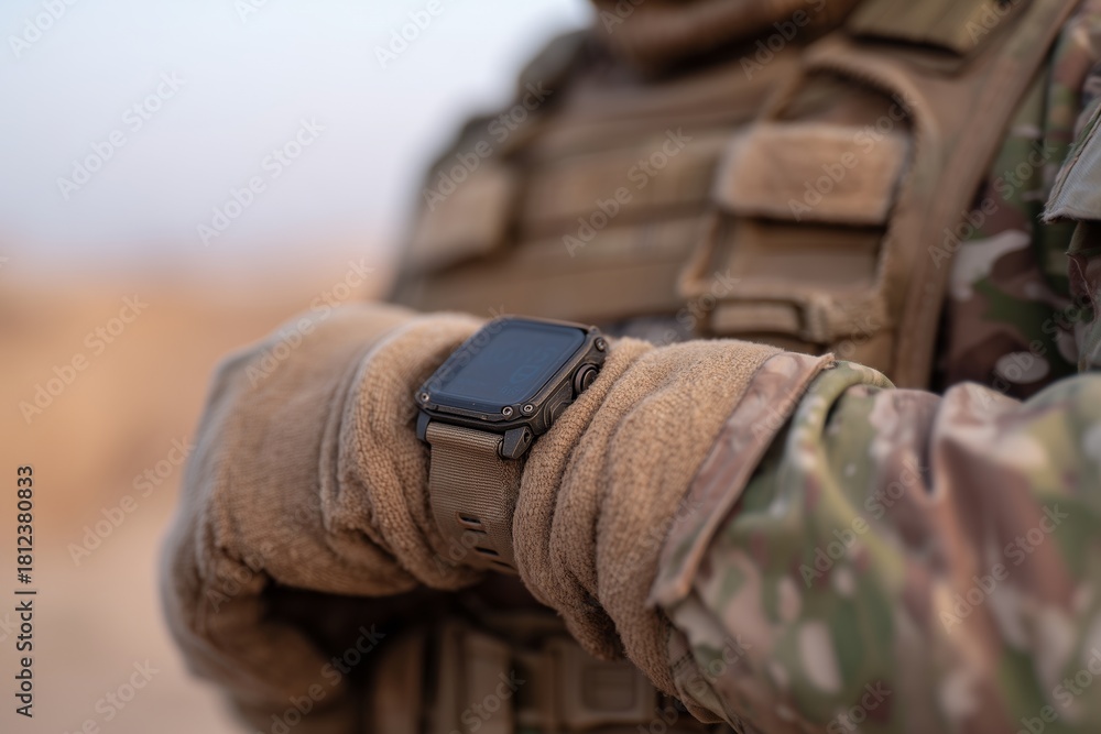 Fototapeta premium Close up of gloved hands adjusting a smartwatch on a wrist, showcasing a rugged design and functionality, perfect for outdoor activities and tactical use