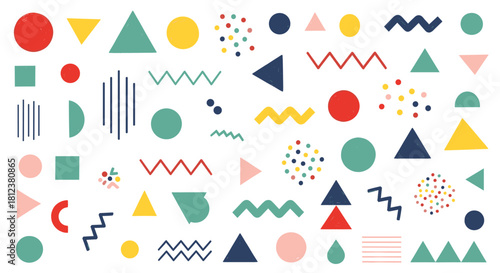 A vibrant and playful pattern featuring an array of colorful geometric shapes scattered across the surface isolated on