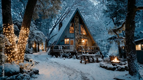 Beautiful Winter Cabin Surrounded By Tall Trees High Resolution Picture