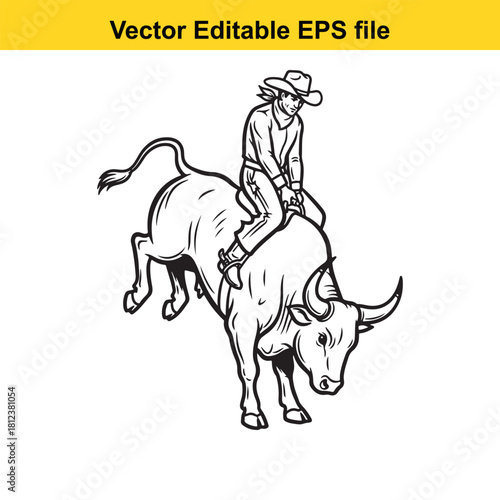 Black and white line art illustration of a cowboy riding a bucking bull in a rodeo competition, isolated on