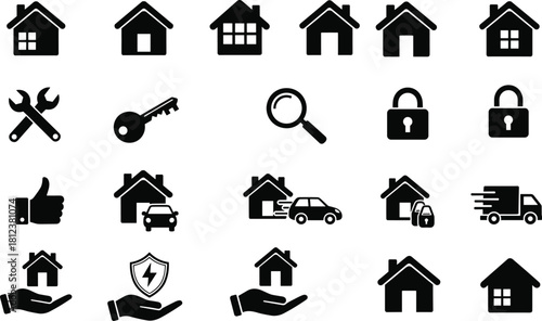 Real Estate Icon Set Vector Collection, Home House Key Lock Security Repair and Insurance Symbols, Black and White