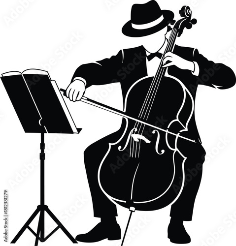Illustration of silhouette of a cellist playing music