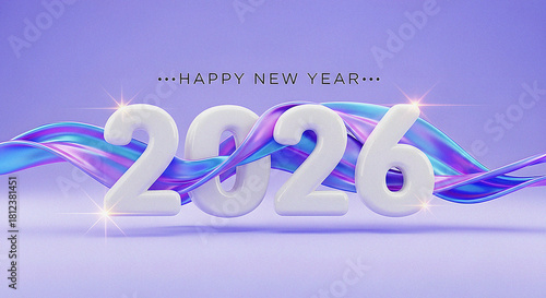 Happy New Year 2026 Greeting Card with 3D White Numbers and Abstract Violet and Blue Wave Ribbon Decoration Modern Festive Holiday Design Background for Celebrations, Invitations, and Seasonal Promoti